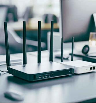 Equipamentos de rede: roteador, modem, access point e switch lado a lado.