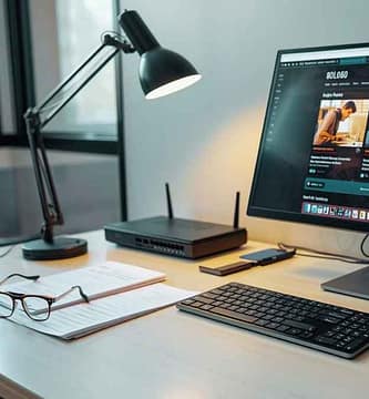 Cabo Ethernet conectado ao switch de rede ao lado de roteador Wi-Fi em home office.
