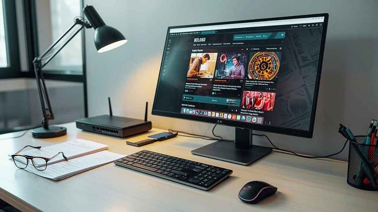 Cabo Ethernet conectado ao switch de rede ao lado de roteador Wi-Fi em home office.